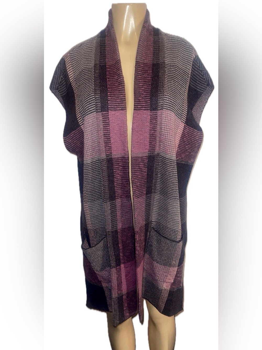 Chaps Plaid Sleeveless Sweater Vest Cardigan Large Mauve Open Front Longline